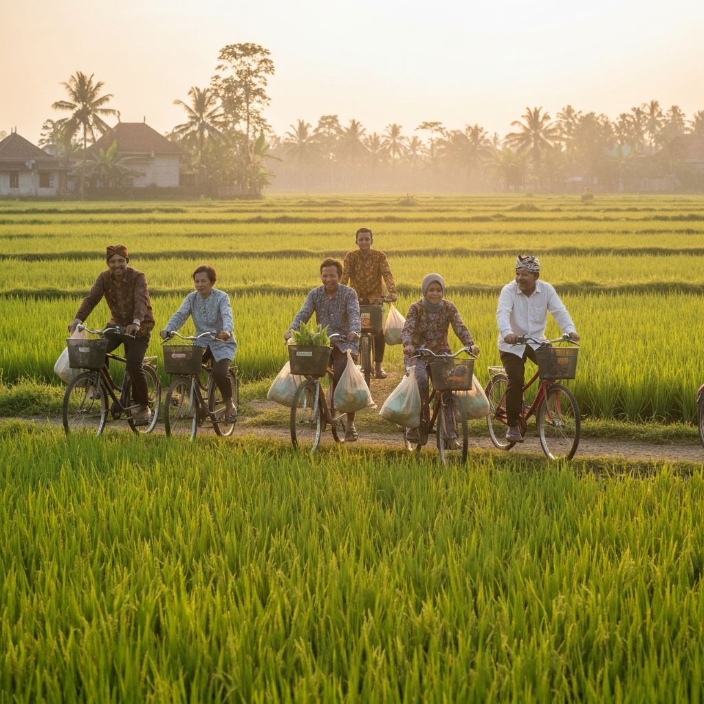 Indonesian people cycling with fresh produce, representing active lifestyle and balanced nutrition